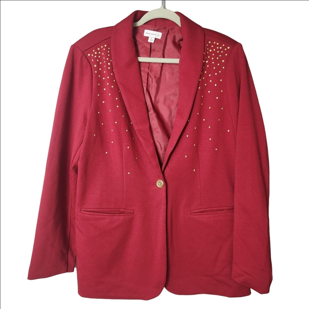 Susan Graver Jacket Women's XL Dark Red with gold stud Sequins blazer